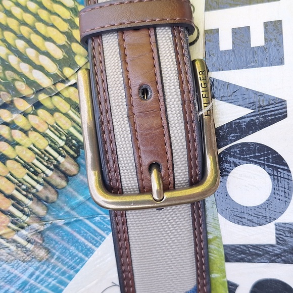 Vtg Tommy Hilfiger leather canvas ribbon stripe belt 38 - Picture 2 of 11